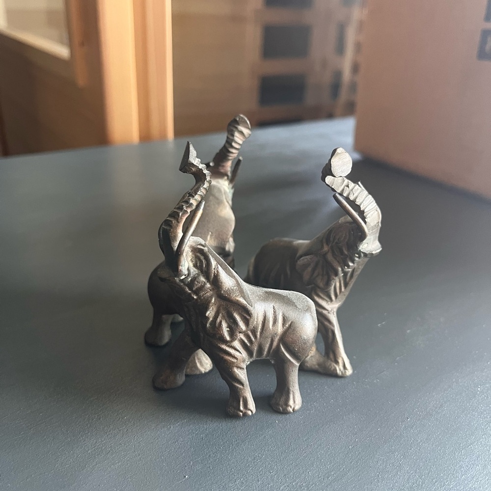 Vintage Solid Copper 3 Mammouds Figurine Statue 4" In Height